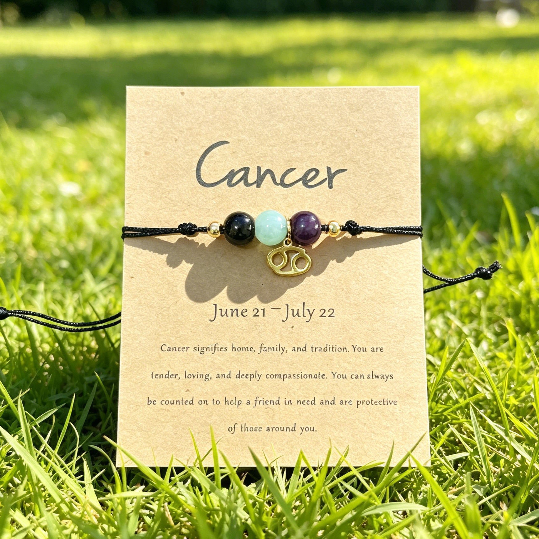 Cancer zodiac natural stone bracelet with meaning card