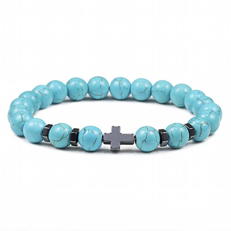 Blue turquoise stone bracelet with hematite cross