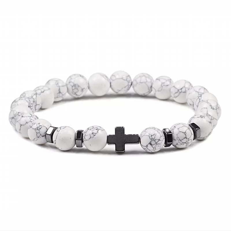 White howlite stone bracelet with hematite cross