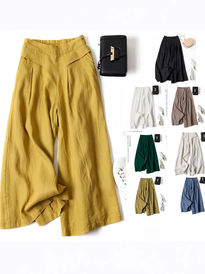 Women's Cotton Linen Crinkle Wide-Leg Pants - Casual Elastic Waist Straight Trousers