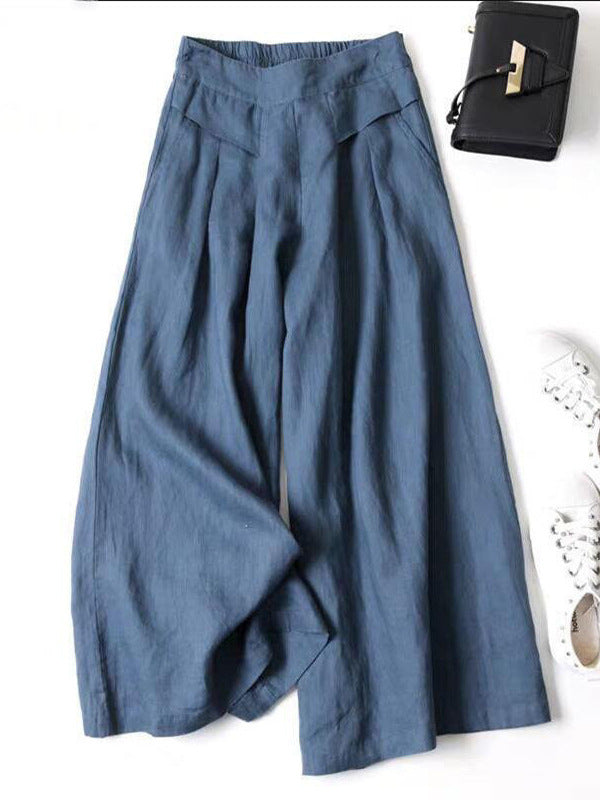 Women's Cotton Linen Crinkle Wide-Leg Pants - Casual Elastic Waist Straight Trousers