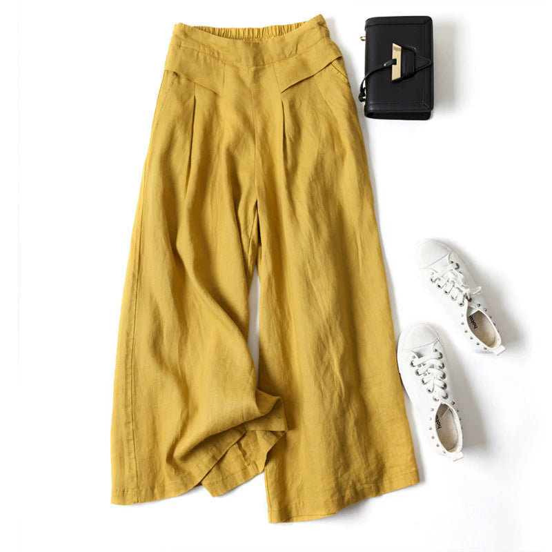 Women's Cotton Linen Crinkle Wide-Leg Pants - Casual Elastic Waist Straight Trousers