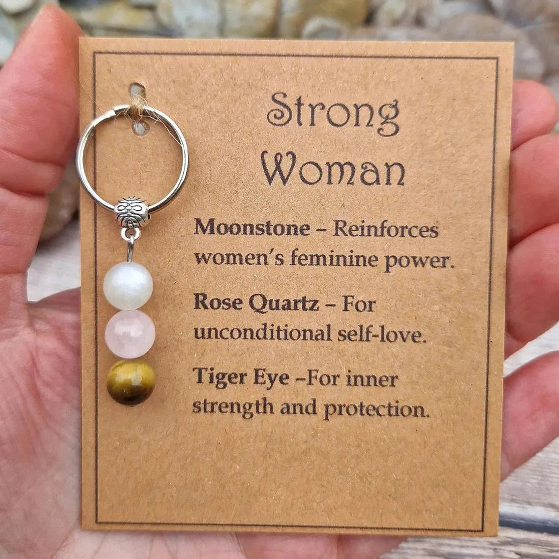 Strong Woman crystal intention keychain on meaning card