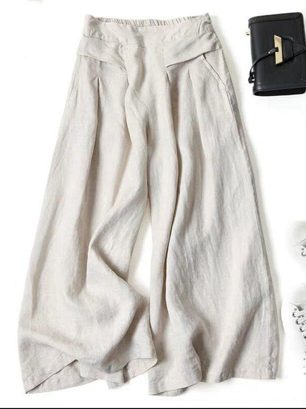 Women's Cotton Linen Crinkle Wide-Leg Pants - Casual Elastic Waist Straight Trousers