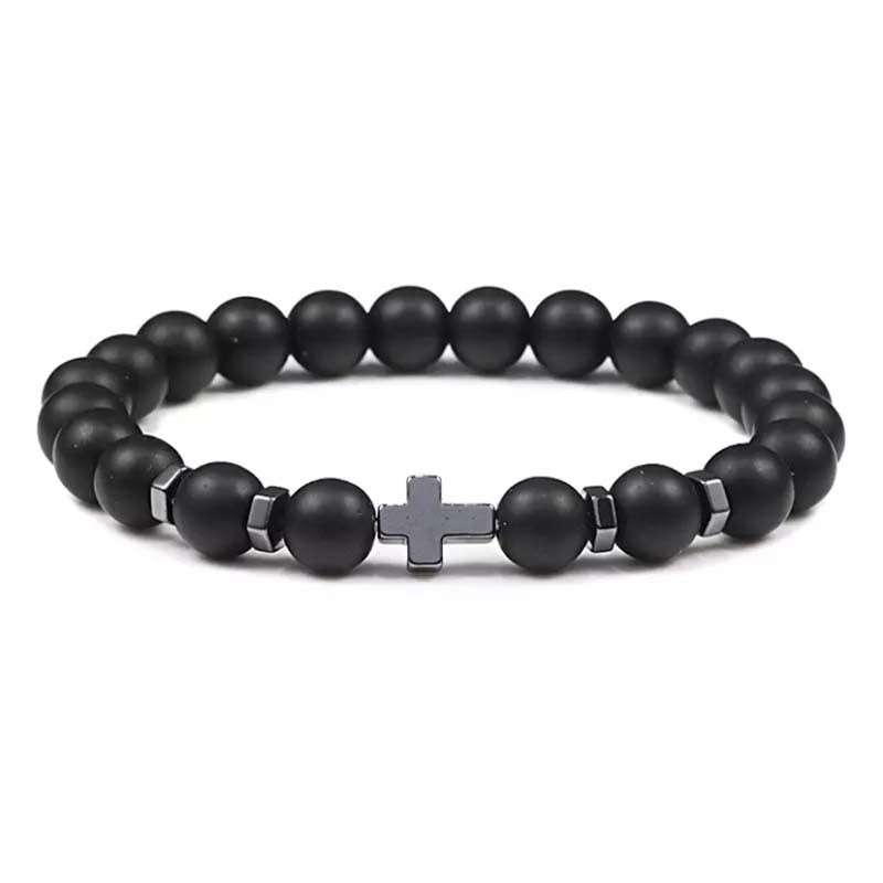 Matte black stone bracelet with hematite cross