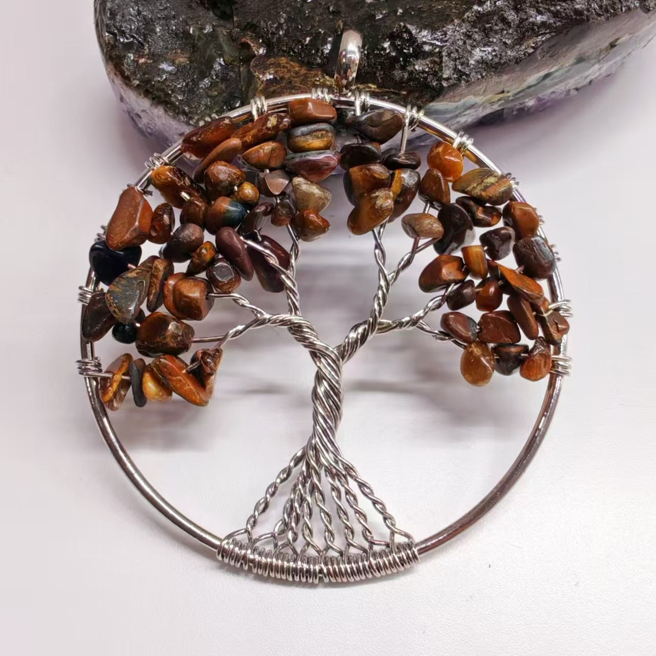 Tiger eye tree of life crystal pendant