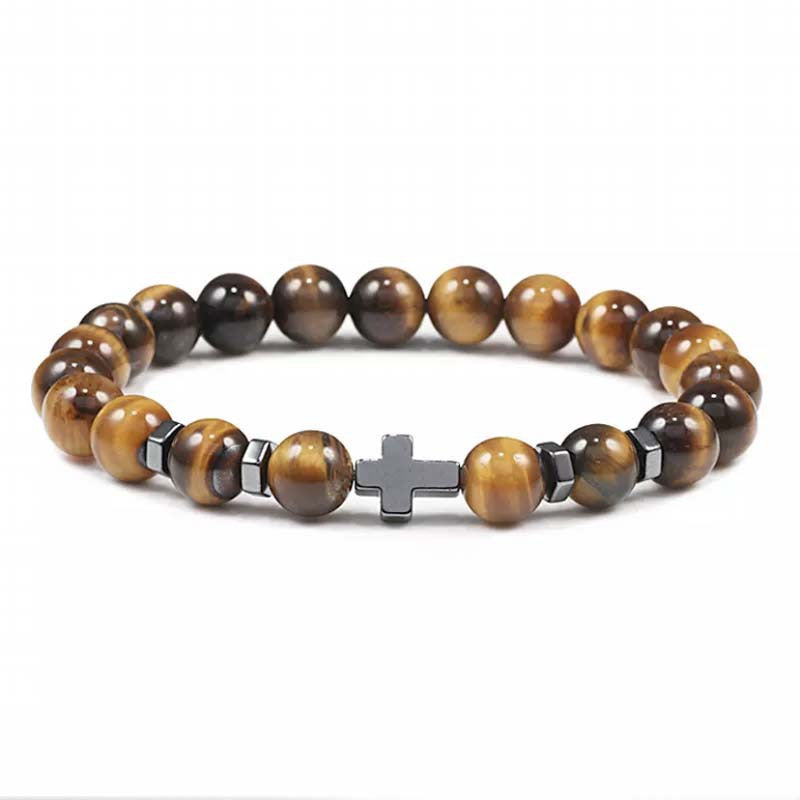 Tiger eye natural stone bracelet with hematite cross