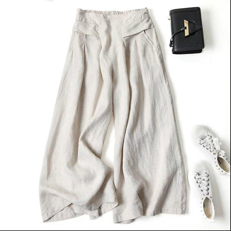 Women's Cotton Linen Crinkle Wide-Leg Pants - Casual Elastic Waist Straight Trousers