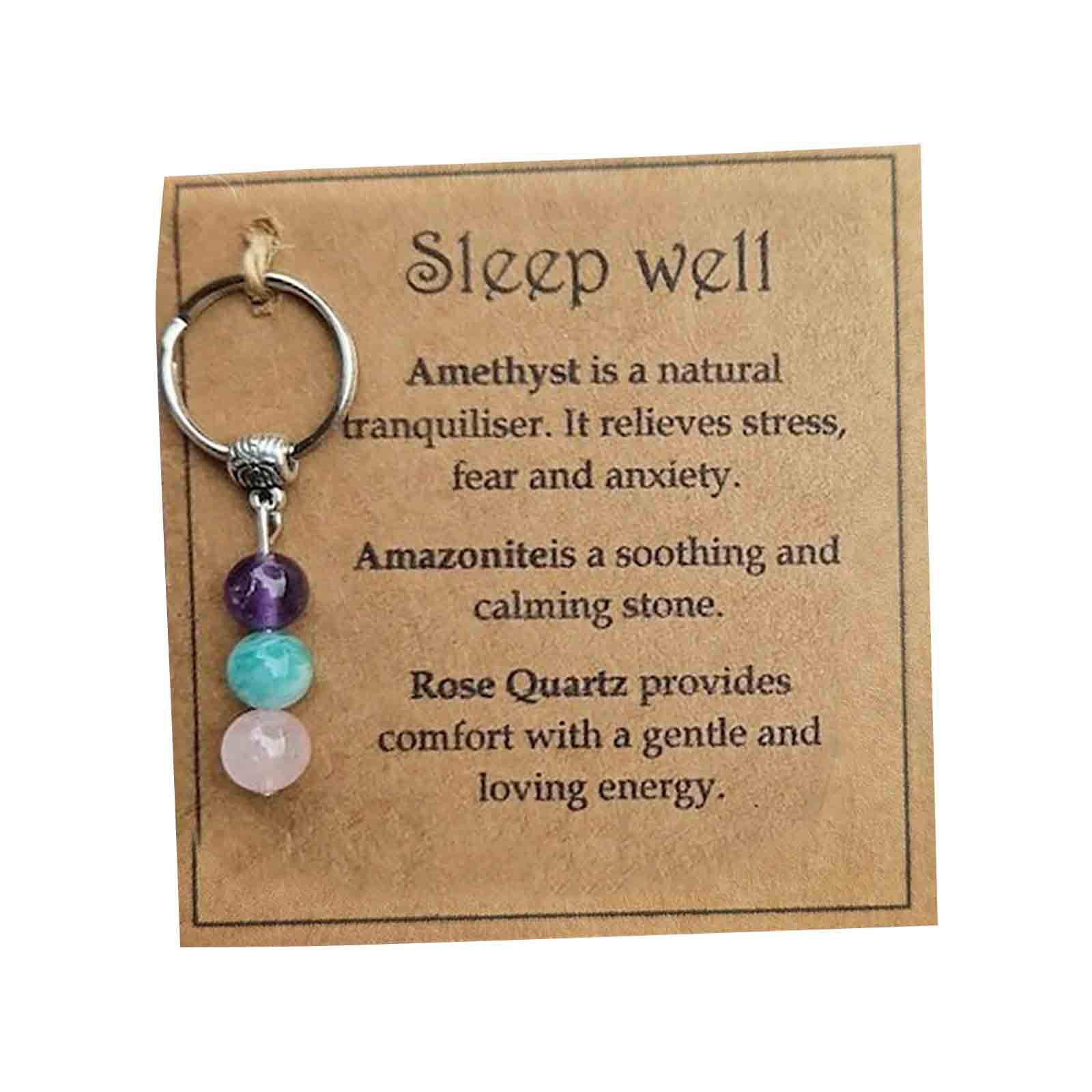 Sleep Well crystal intention keychain on meaning card