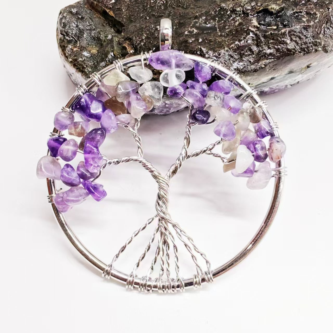 Amethyst tree of life pendant in silver wire