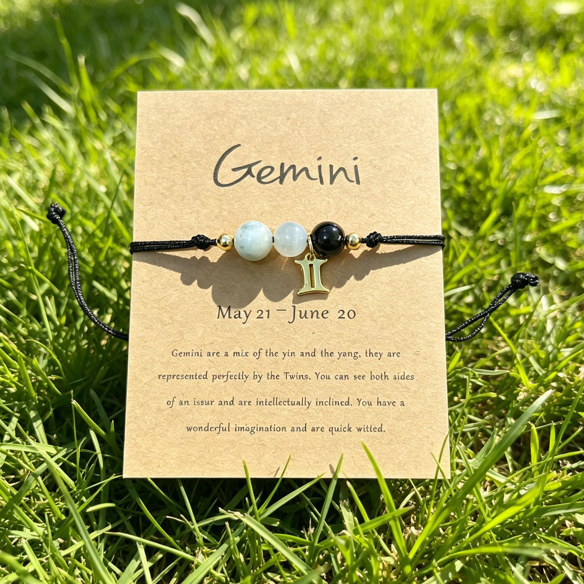 Gemini zodiac natural stone bracelet with meaning card