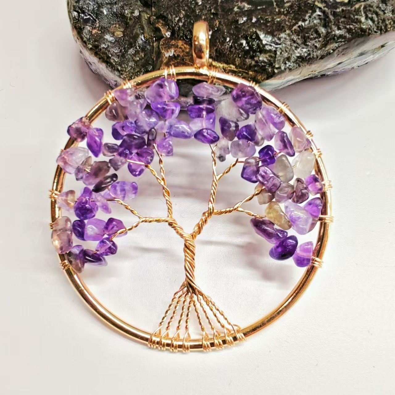 Amethyst tree of life pendant handwrapped in gold wire