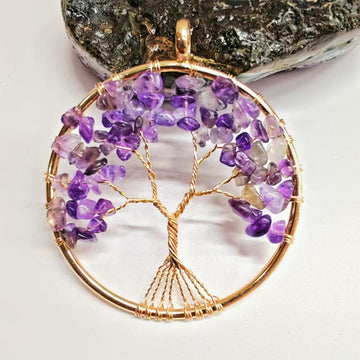 Amethyst tree of life pendant handwrapped in gold wire