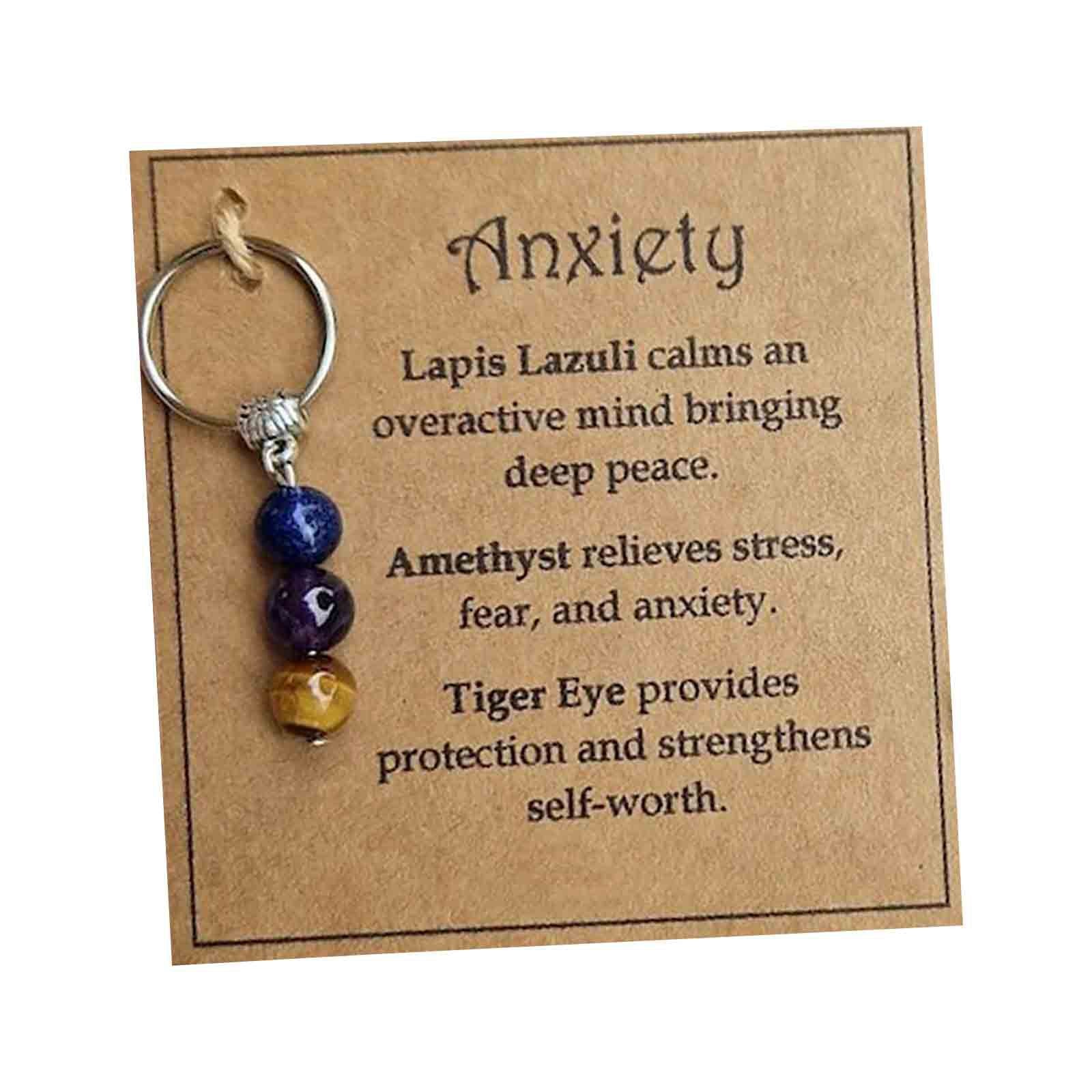Anxiety relief crystal intention keychain on meaning card