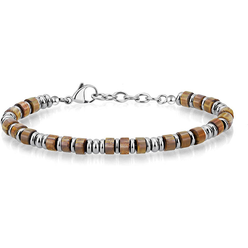 Men's picture jasper heishi bead bracelet with steel clasp
