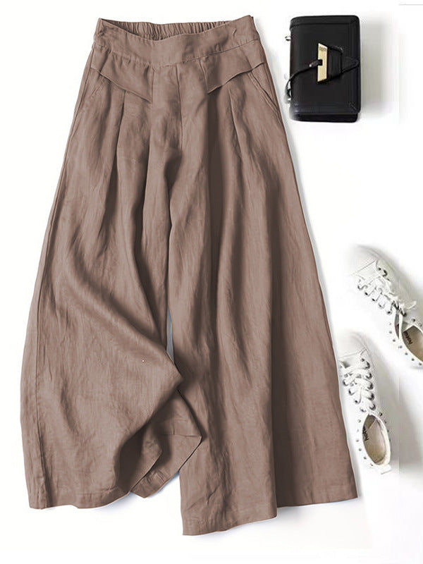 Women's Cotton Linen Crinkle Wide-Leg Pants - Casual Elastic Waist Straight Trousers