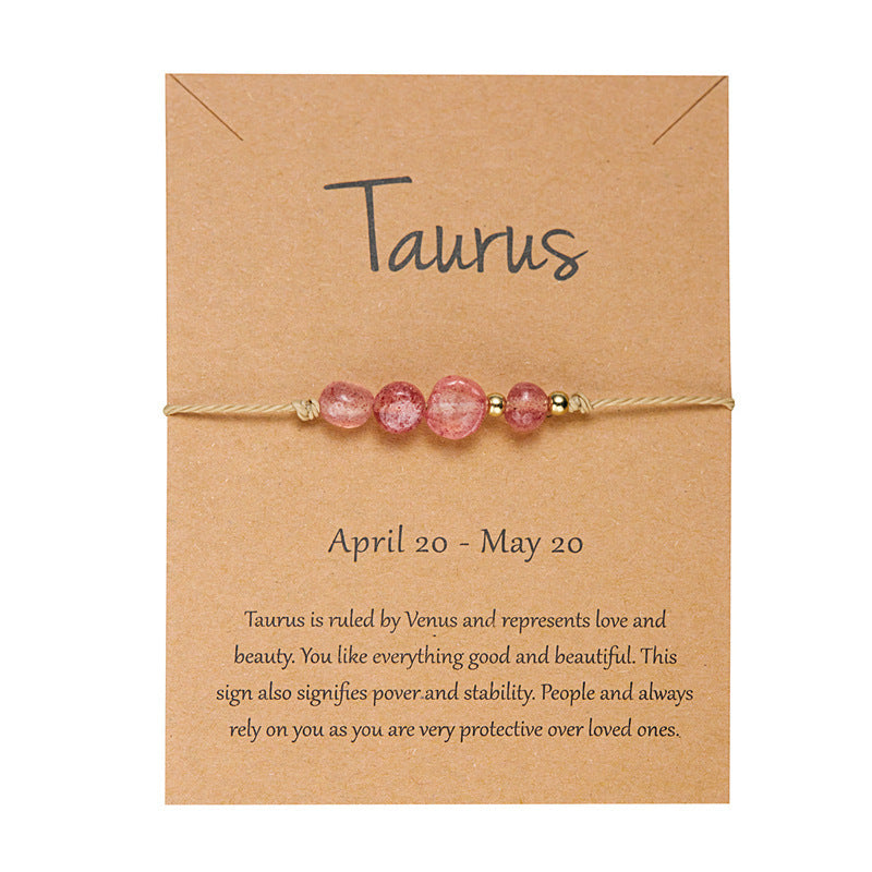 Taurus raw crystal zodiac bracelet on kraft meaning card