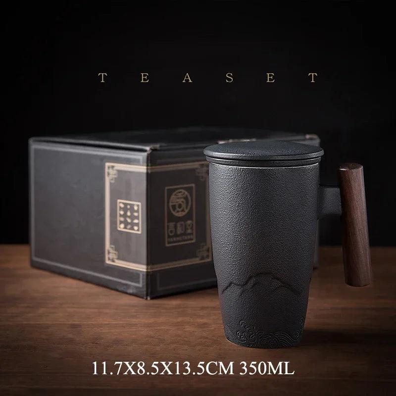 Retro Ceramic Tea Mug — Large 300ml with Lid & Wooden Handle
