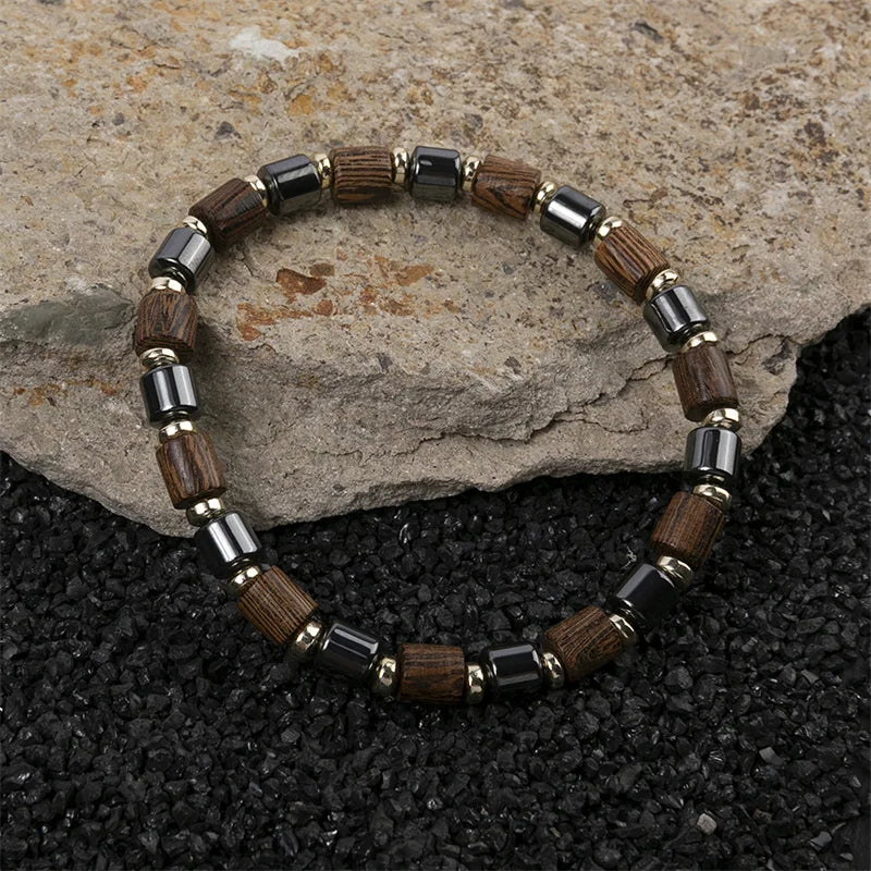 Women's Black Hematite & Wood Bead Bracelet | Handmade Elastic Stretch | Health Jewelry