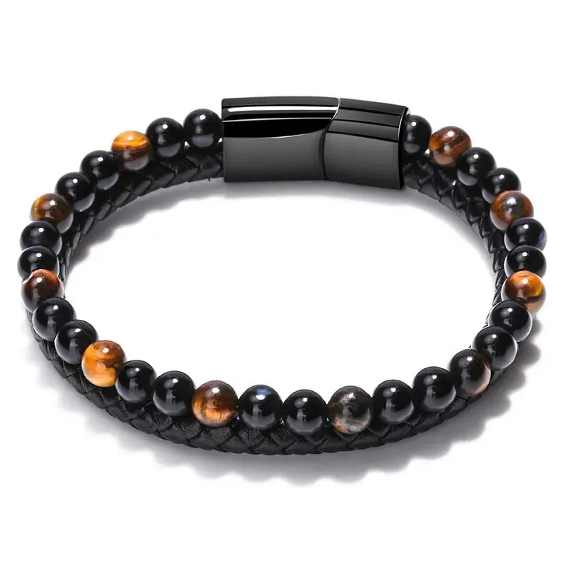 Unisex Leather Natural Lava Stone Tiger Eye Bead Bracelet