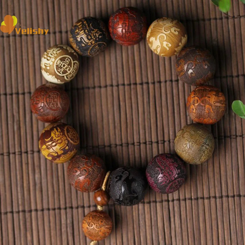 Classic 20mm Handmade Wood Carved Beaded Bracelet Pendant
