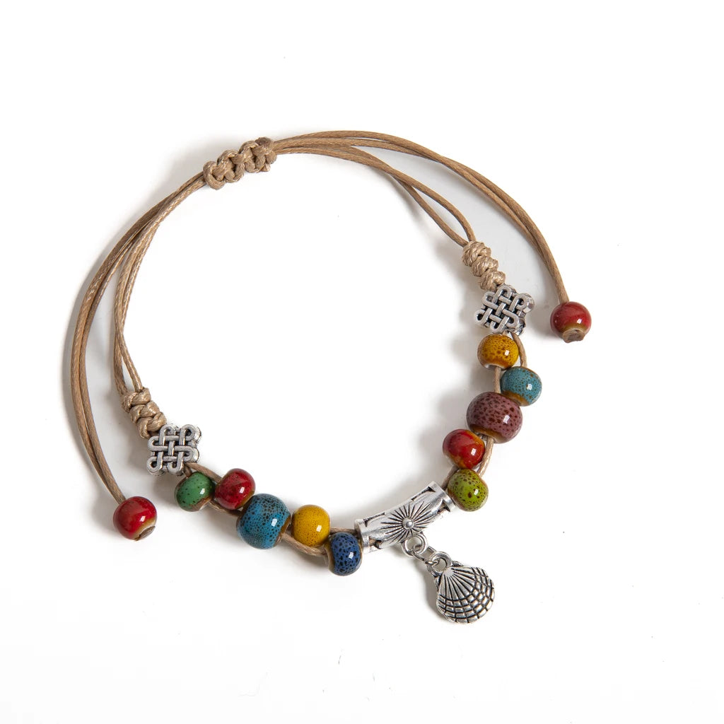 Colorful Ceramic Beaded Handmade Bracelet with Shell Charm Adjustable Boho Rope Jewelry S03-110