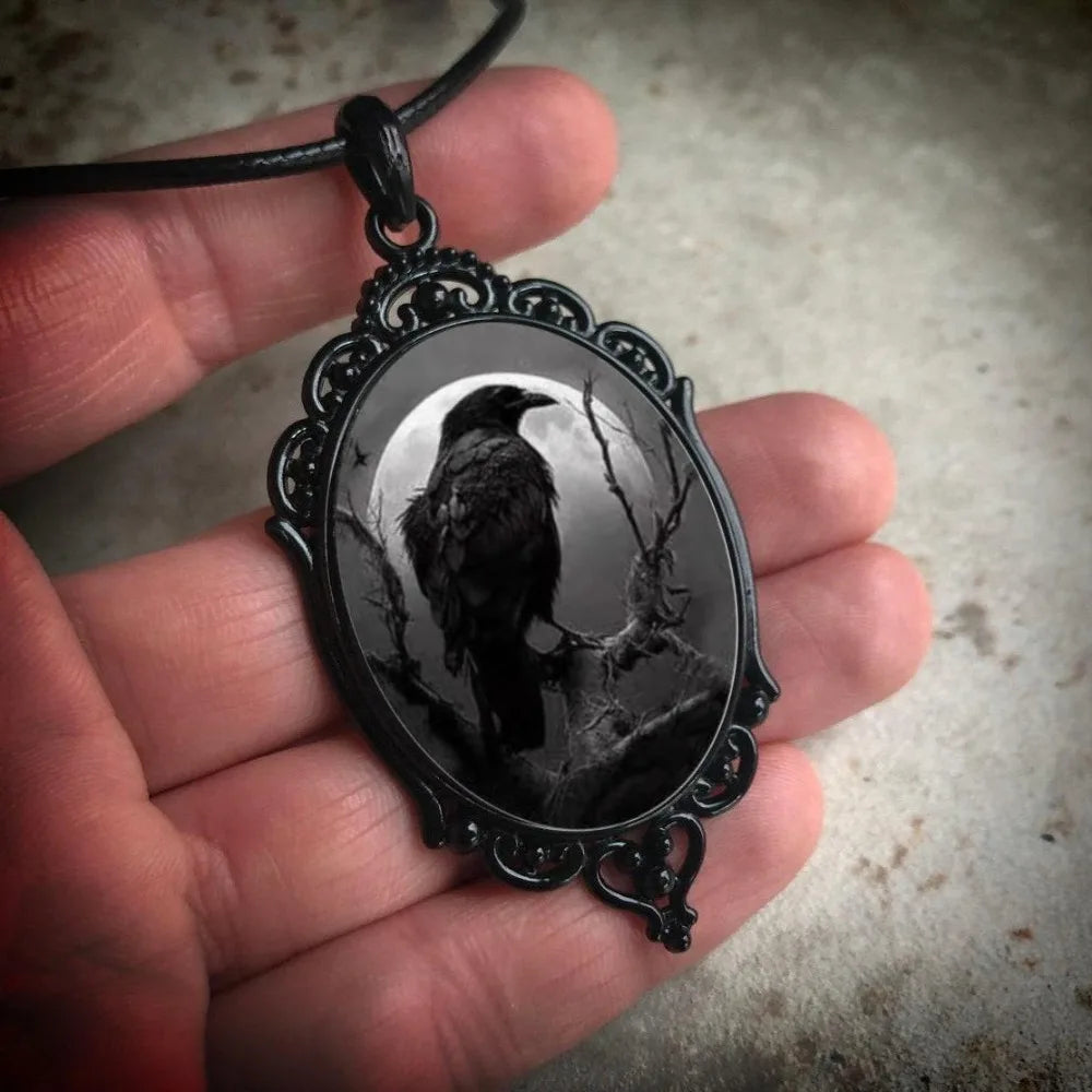 Gothic Retro Dark Oval Lacework Crow Moon Pendant Necklace