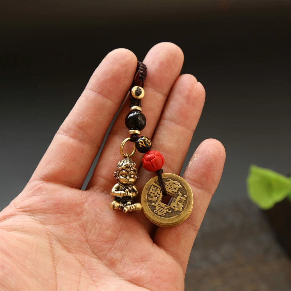 Tinkers Vintage Brass Monkey Keychain Handmade Braided Rope Amulet -