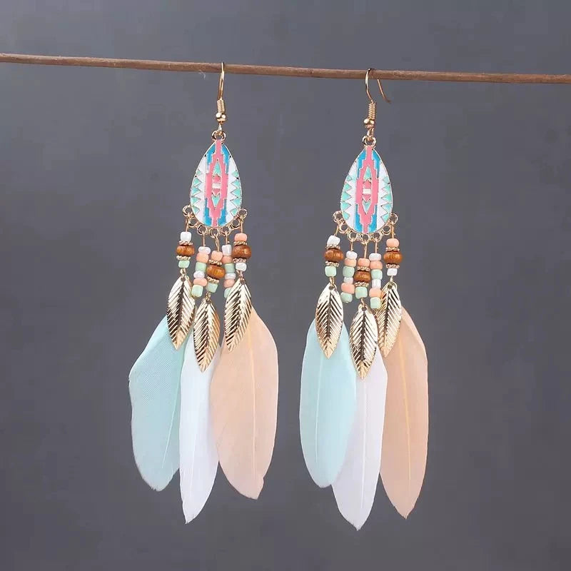 Tinkers Boho Long Feather Dangle Earrings For Women Beach Beads -
