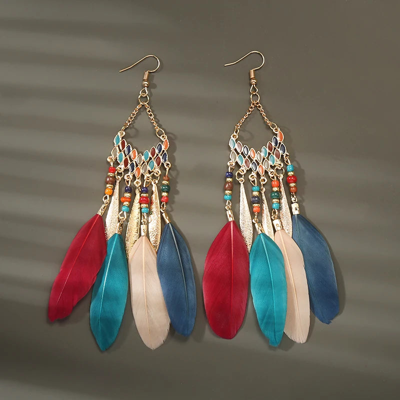 Tinkers Boho Long Feather Dangle Earrings For Women Beach Beads -