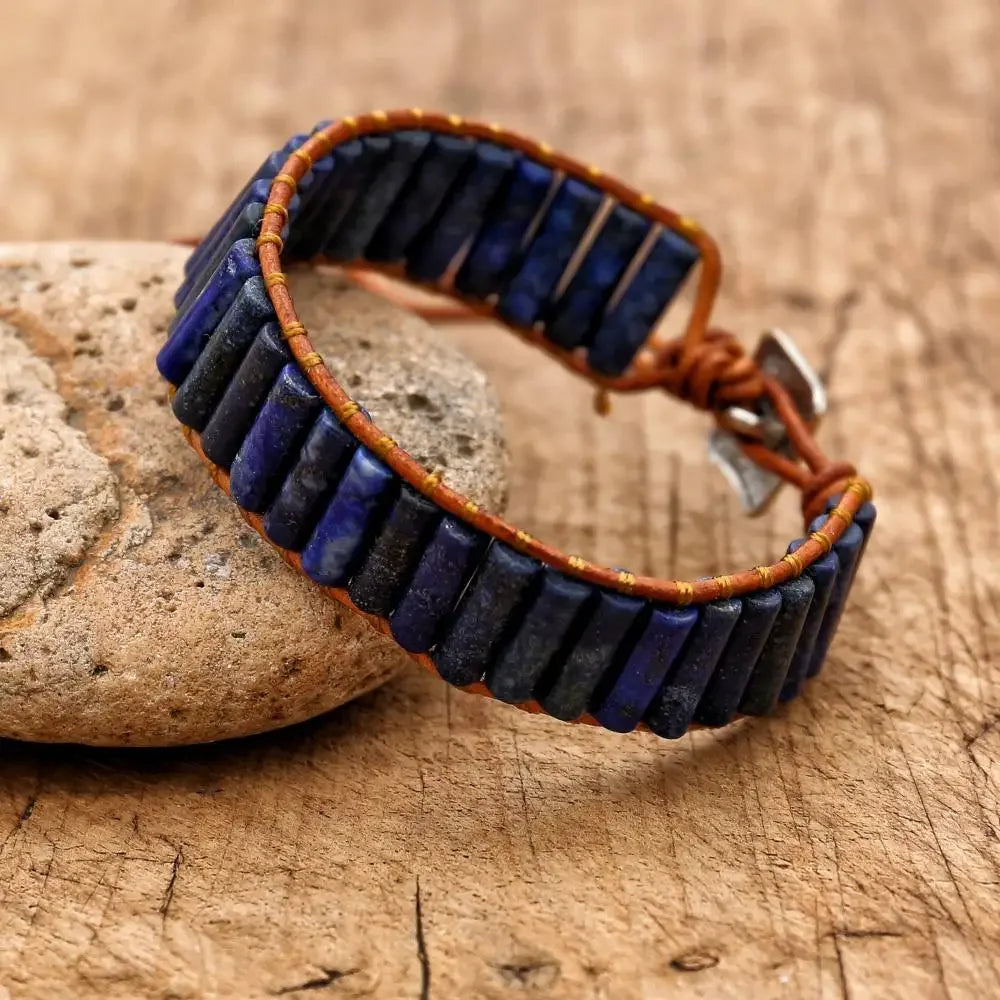 Handmade Boho Leather Wrap Bracelet with Natural Picasso Stone