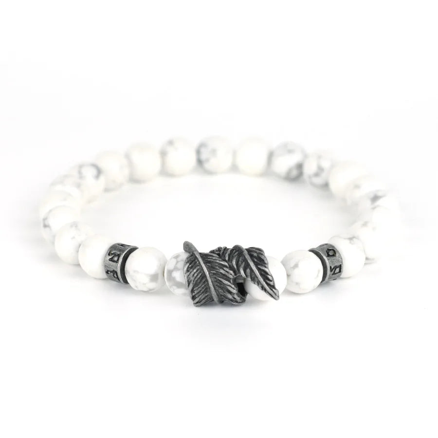 Men's Natural Stone Bracelet | Feather & Sanskrit Mantra | Lava, Onyx & Turquoise