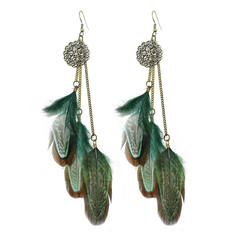Tinkers Bohemian Feather Earrings For Women Vintage Ethnic Chain -