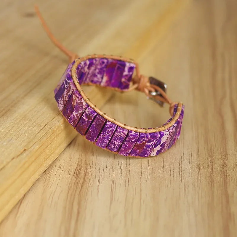 Handmade Boho Leather Wrap Bracelet with Natural Picasso Stone