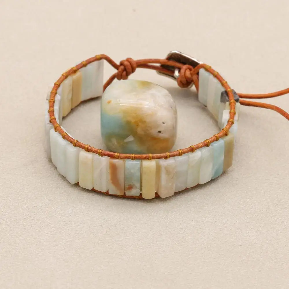 Handmade Boho Leather Wrap Bracelet with Natural Picasso Stone