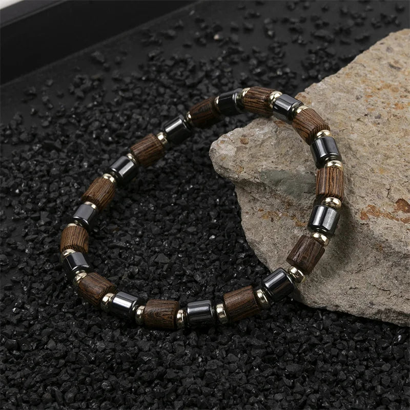 Women's Black Hematite & Wood Bead Bracelet | Handmade Elastic Stretch | Health Jewelry