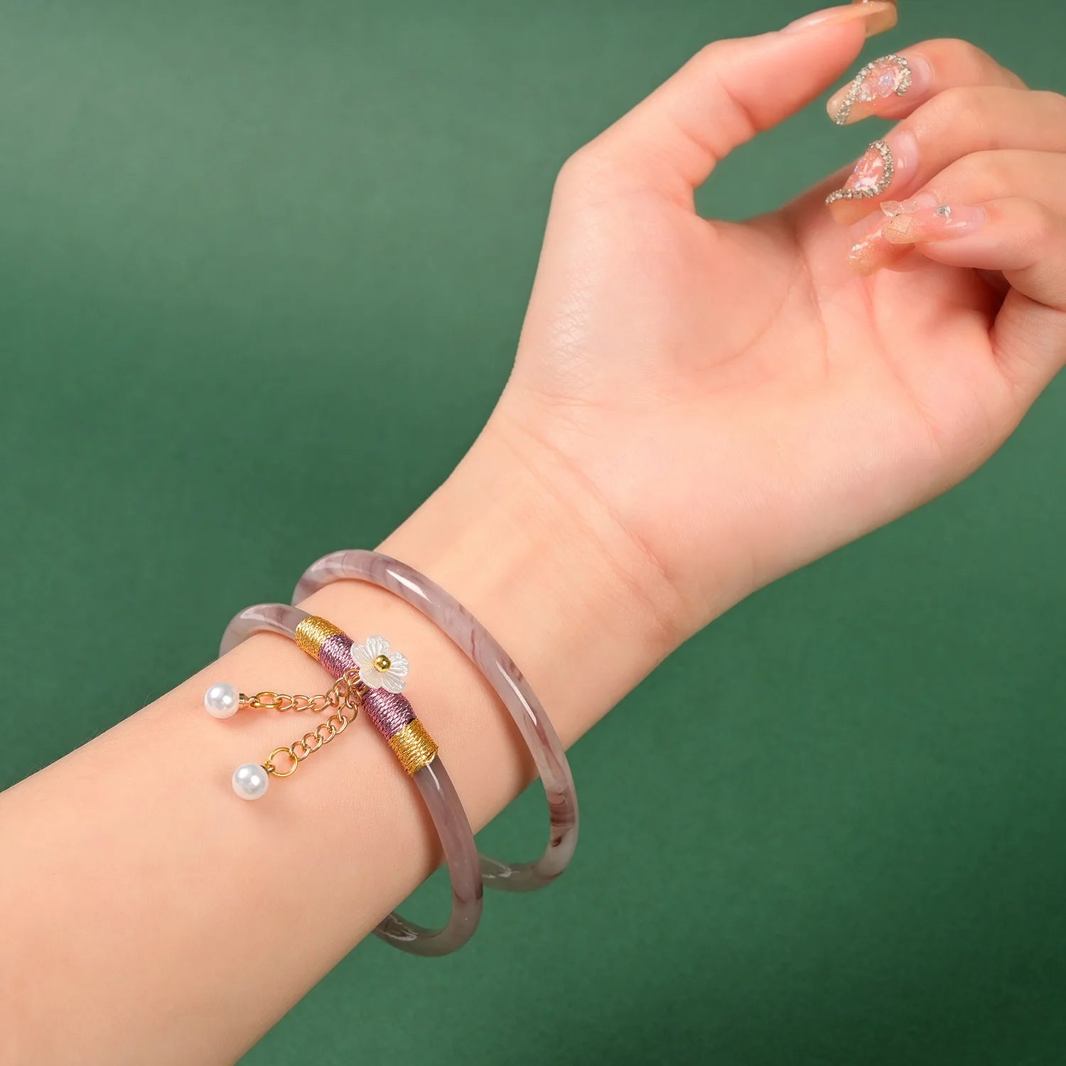 Tinkers Two Piece Set Natural Jade Jingle Bangles Bracelet Women -