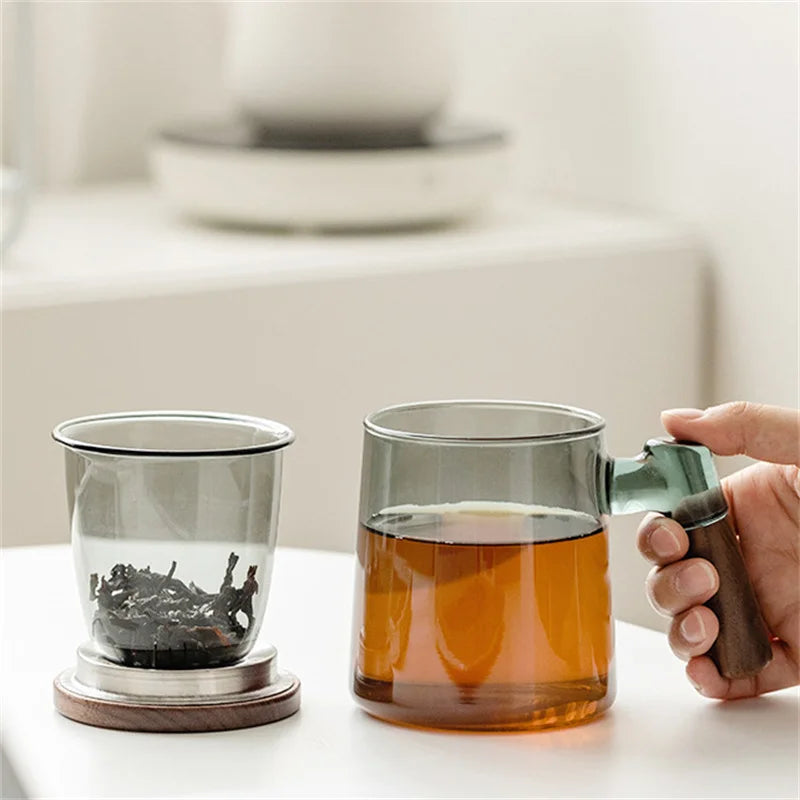 Glass Tea Cup with Walnut Wooden Handle, Lid & Filter — 400ml