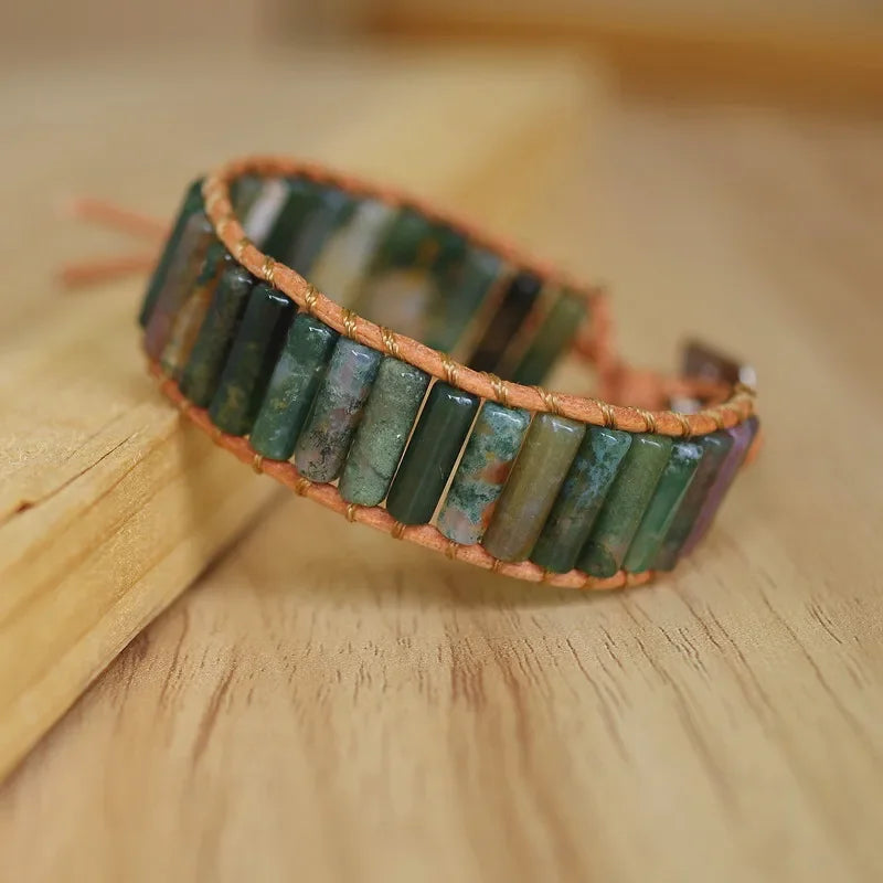 Handmade Boho Leather Wrap Bracelet with Natural Picasso Stone