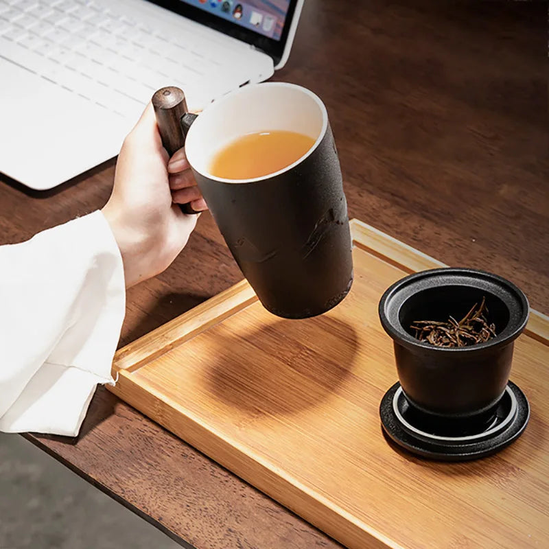 Retro Ceramic Tea Mug — Large 300ml with Lid & Wooden Handle