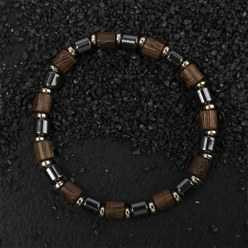 Women's Black Hematite & Wood Bead Bracelet | Handmade Elastic Stretch | Health Jewelry