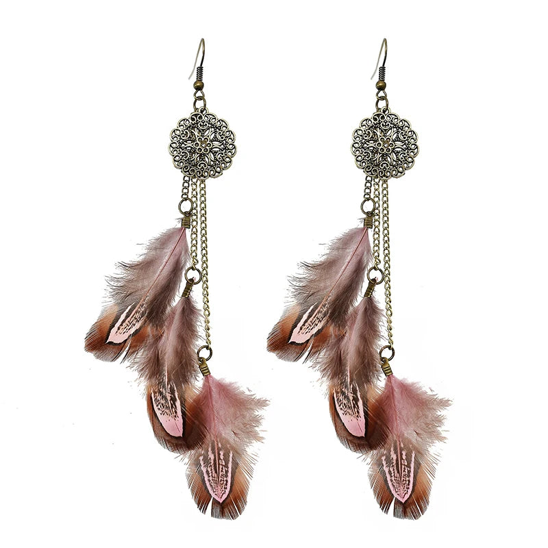 Tinkers Bohemian Feather Earrings For Women Vintage Ethnic Chain -