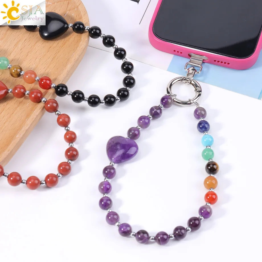Handcrafted 7 Chakra Natural Stone Phone Chain for Spiritual Balance by Tinkers