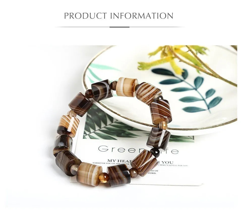 Genuine Natural Coffee Lace Agate Bracelet Women Handmade Tibetan Buddha Hand String Tube Rosary Prayer Charm Yoga Bangles