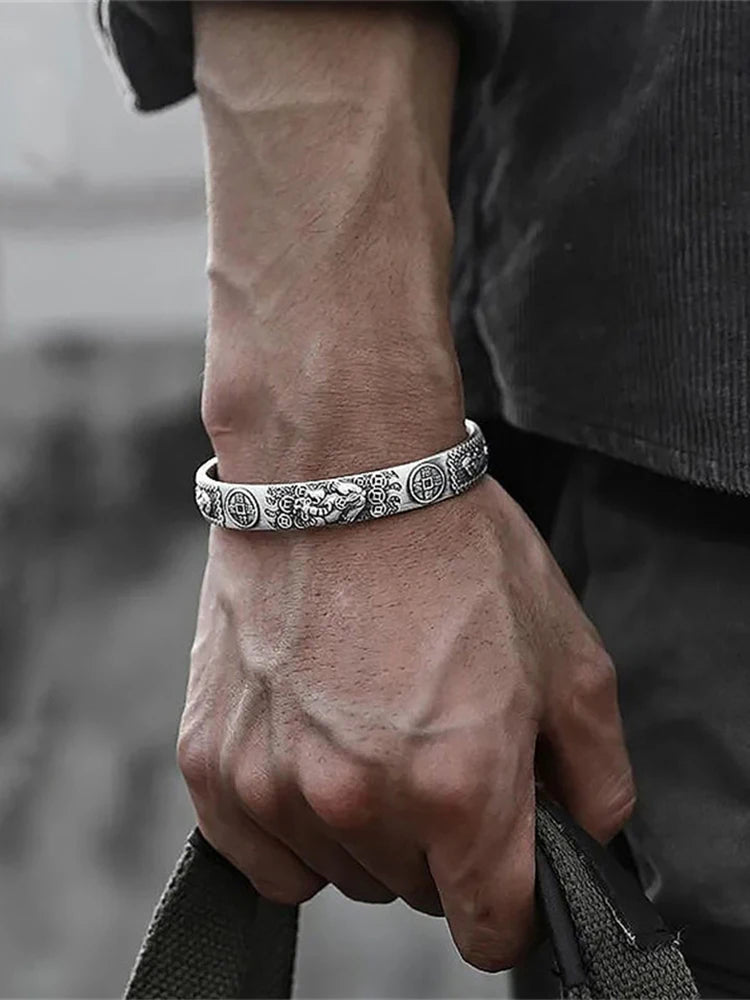 Pixiu Heart Sutra Bracelet — Copper Coin Wealth Charm | Thai Silver