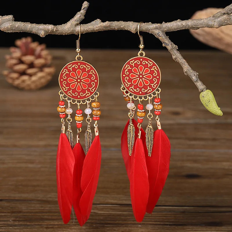 Tinkers Boho Long Feather Dangle Earrings For Women Beach Beads -