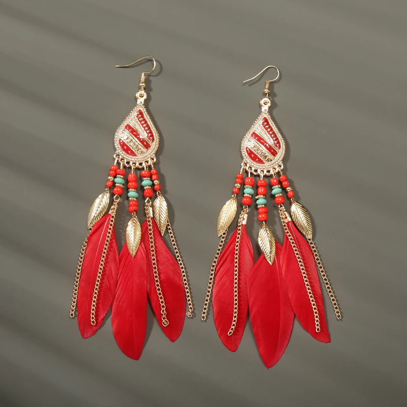 Tinkers Boho Long Feather Dangle Earrings For Women Beach Beads -