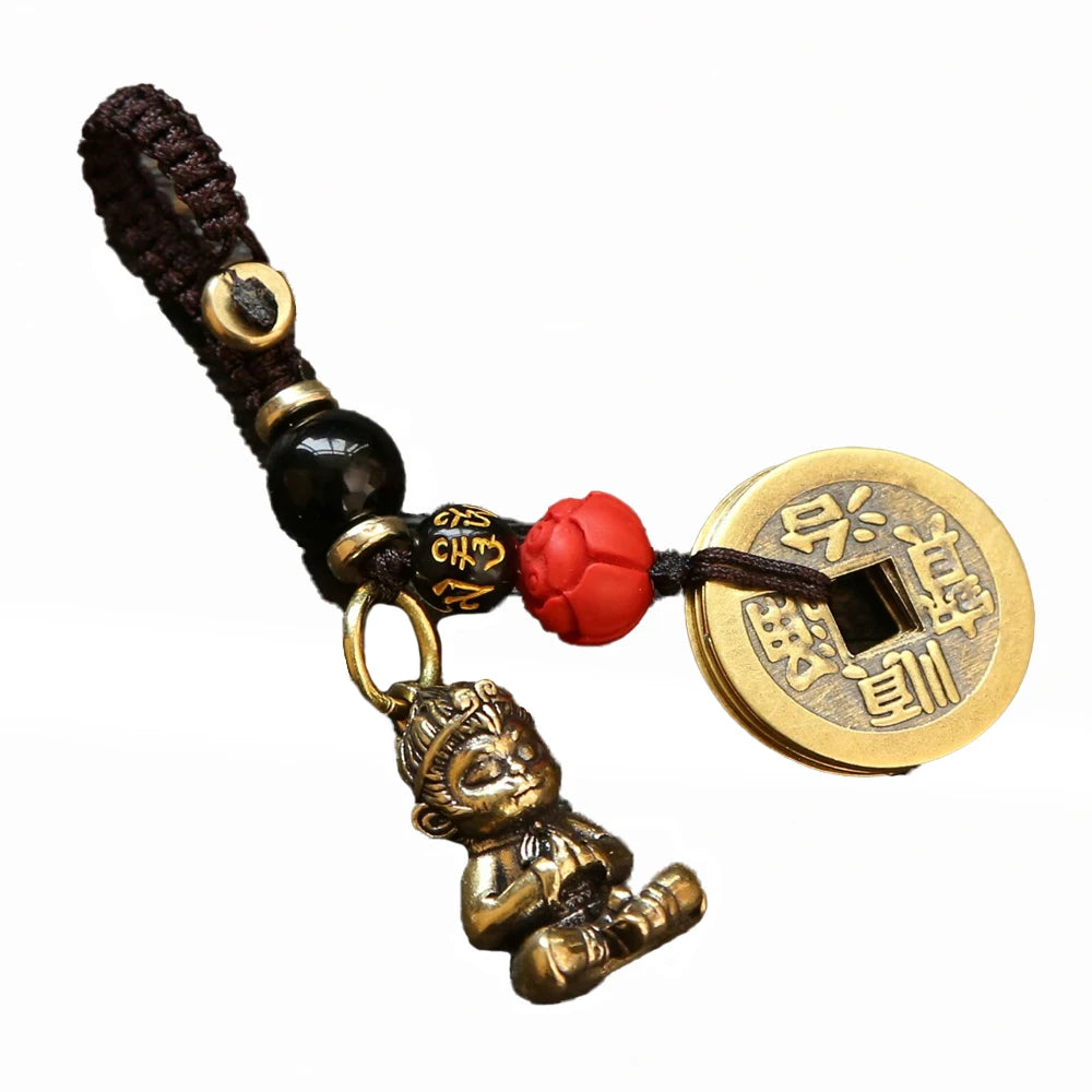 Tinkers Vintage Brass Monkey Keychain Handmade Braided Rope Amulet -