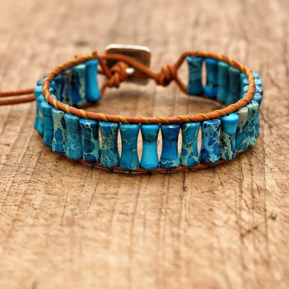 Handmade Boho Leather Wrap Bracelet with Natural Picasso Stone