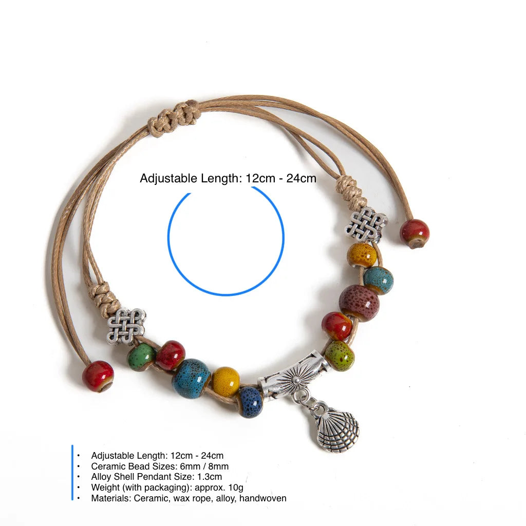 Colorful Ceramic Beaded Handmade Bracelet with Shell Charm Adjustable Boho Rope Jewelry S03-110